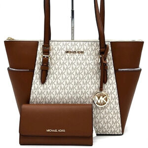 Michael Kors Large Charlotte Tote Bag & Trifold Wallet Vanilla/Brown (NWT)